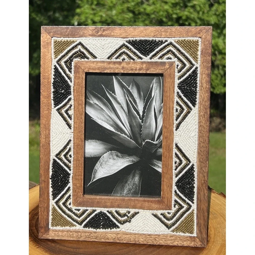 World Market Wood Beaded 4x6 Picture Frame Black White Gold Tribal Boho Decor